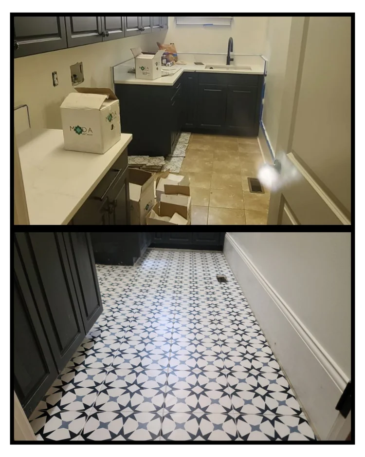 Laundry room floor tile installation before and after photo