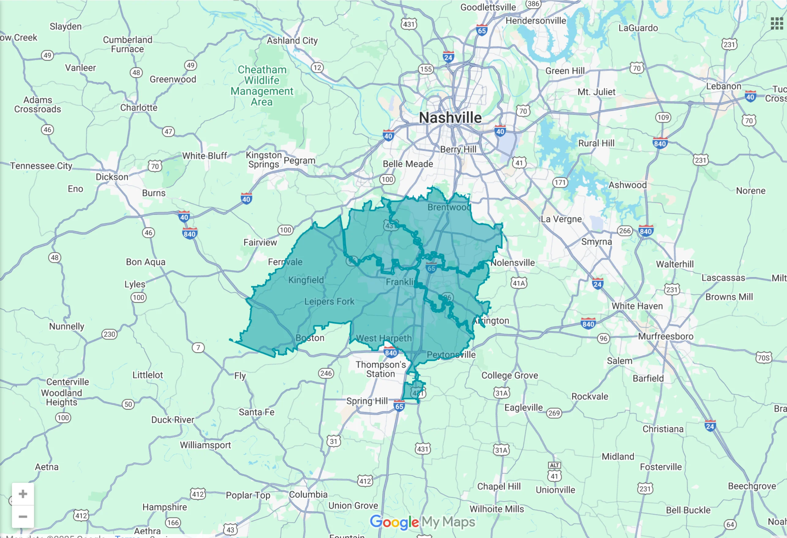 Williamson County service area map showing Franklin, Brentwood, and Cool Springs